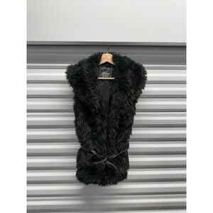 Blanc Noir Black Faux Fur Belted Vest Ribbed Sides Size S/M‎